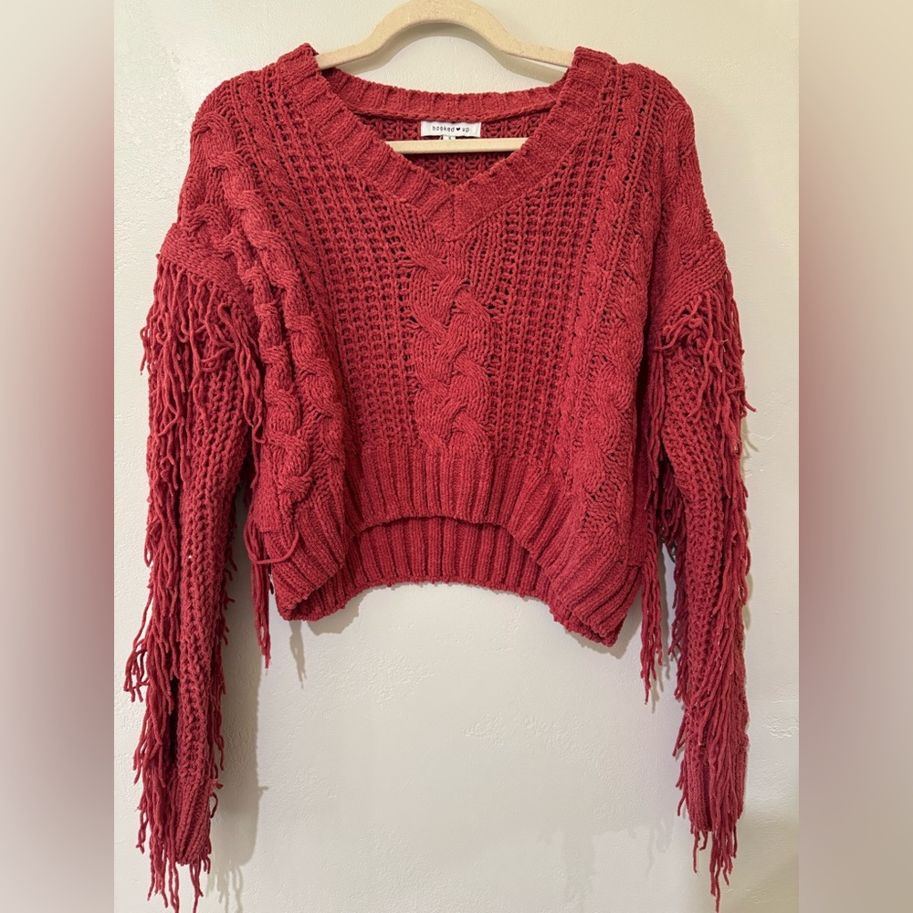 Red Fringe Cropped V-Neck Sweater